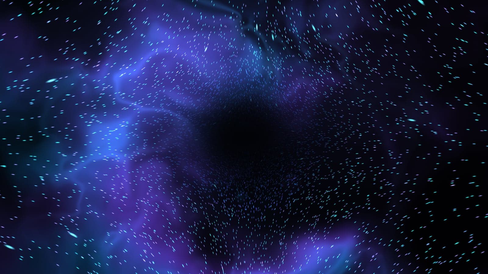 Cyberspace: stars streaming past violet and blue nebula clouds around a dark center