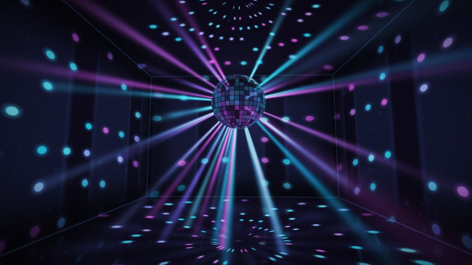 Disco Cube: a mirror ball sending beams of violet and cyan light across a dark mirrored room