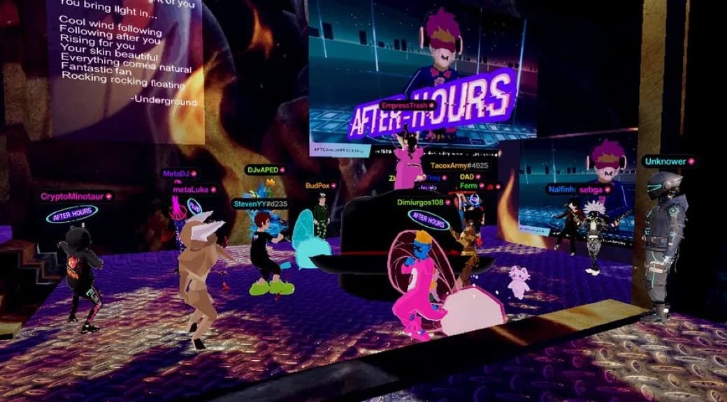 Dancing avatars gather in a virtual After-Hours venue beneath screens showing other performers.